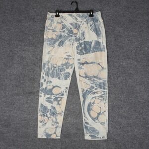Delphine Marbled Abstract Pants Womens M Blue White Linen Blend Made in USA